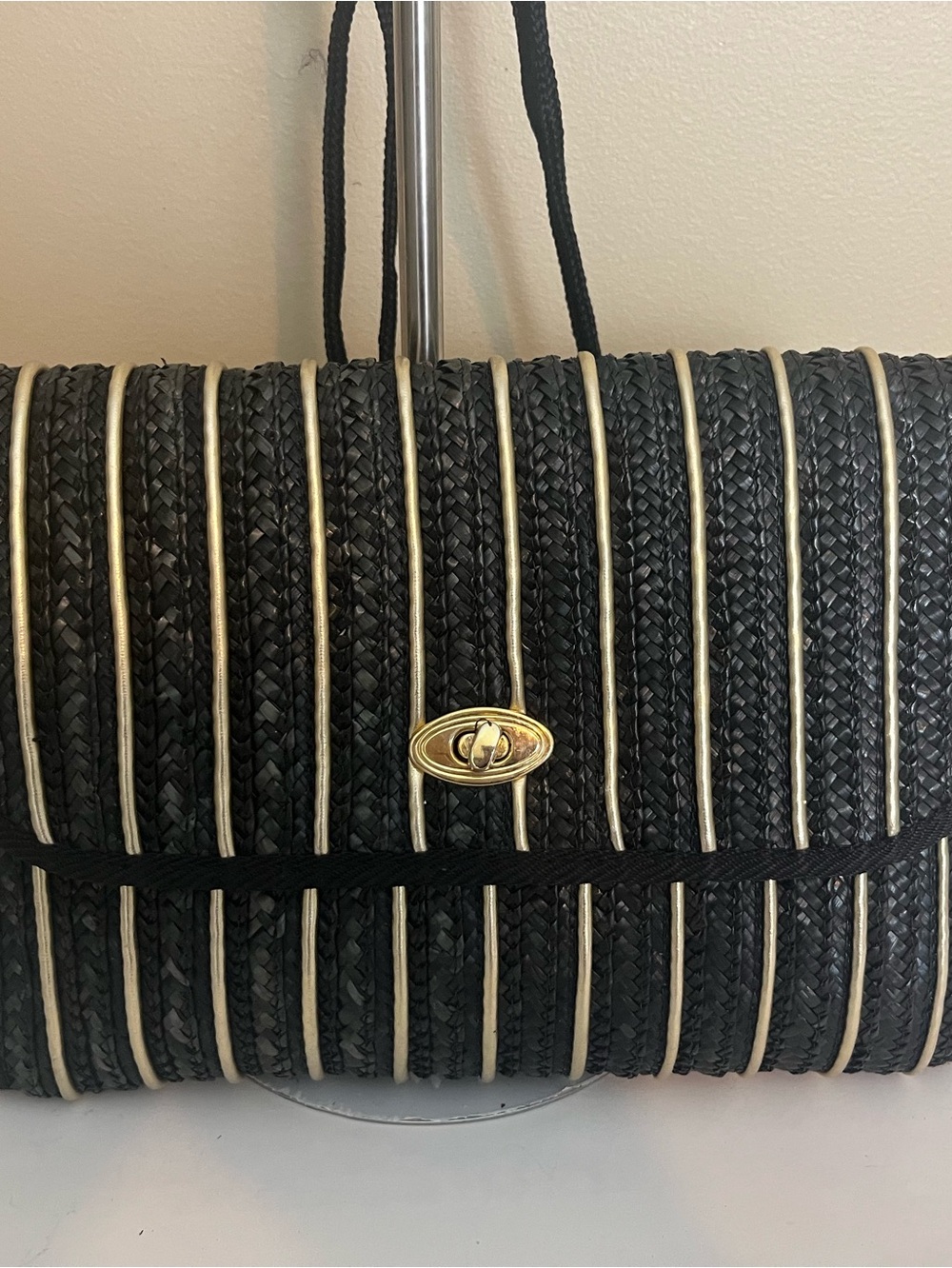 Black Woven Straw Crossbody Bag with Gold Trim